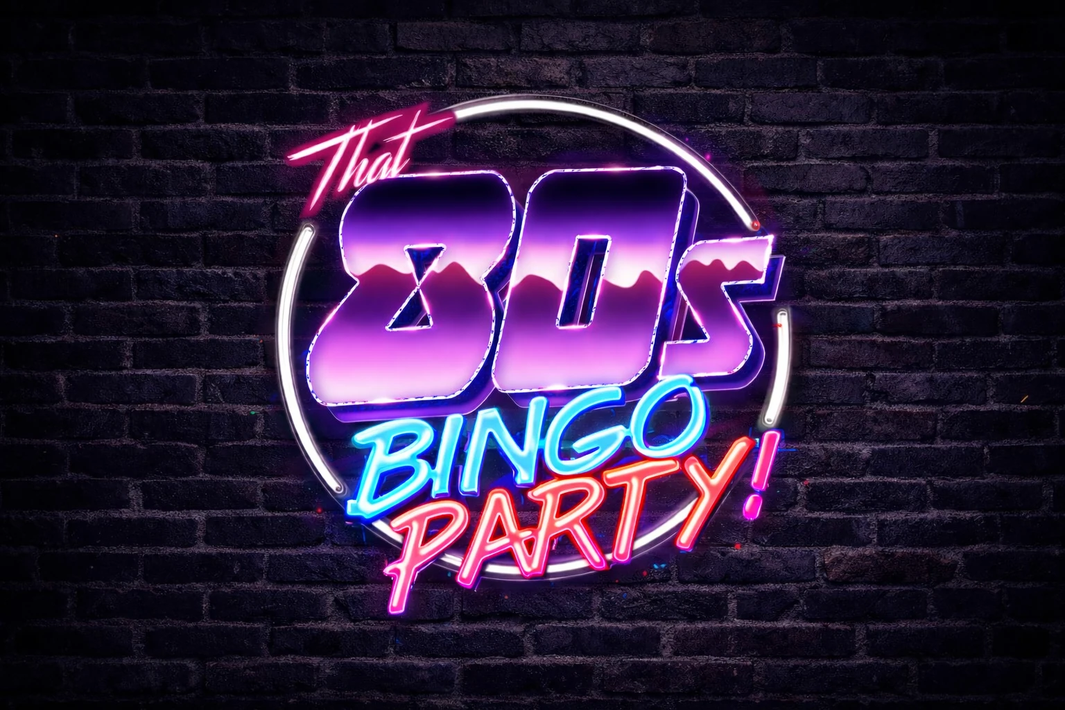 That 80s Bingo Party neon logo sign — 80s themed corporate bingo show